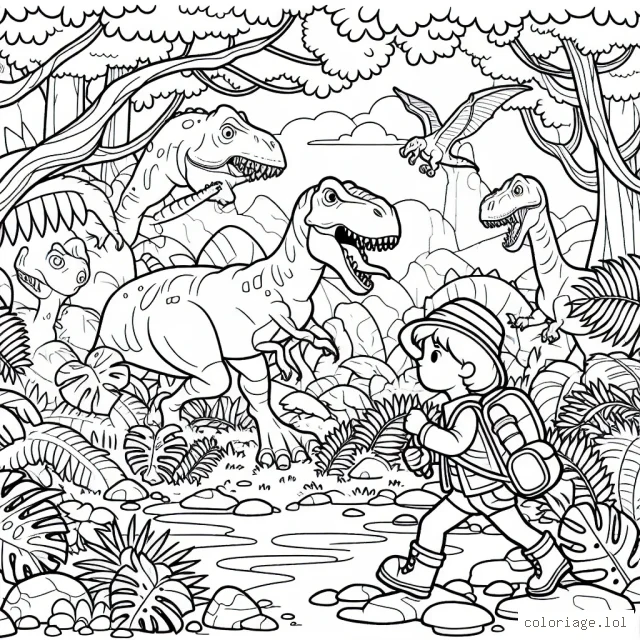 Un aventurier intrépide explorant une jungle remplie de dinosaures fantastiques.