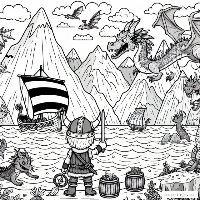 Les aventures d'un petit garçon viking qui découvre des contrées inexplorées en traversant des océans bordés par des créatures mythiques. Il y a des montagnes, des dragons, des bateaux, des trésors, et beaucoup plus à découvrir et à colorier!