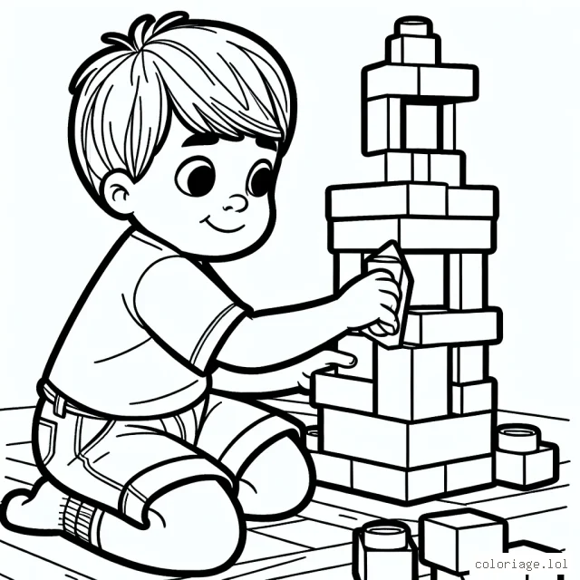Un jeune garçon qui construit une tour avec des blocs de couleur différentes.
