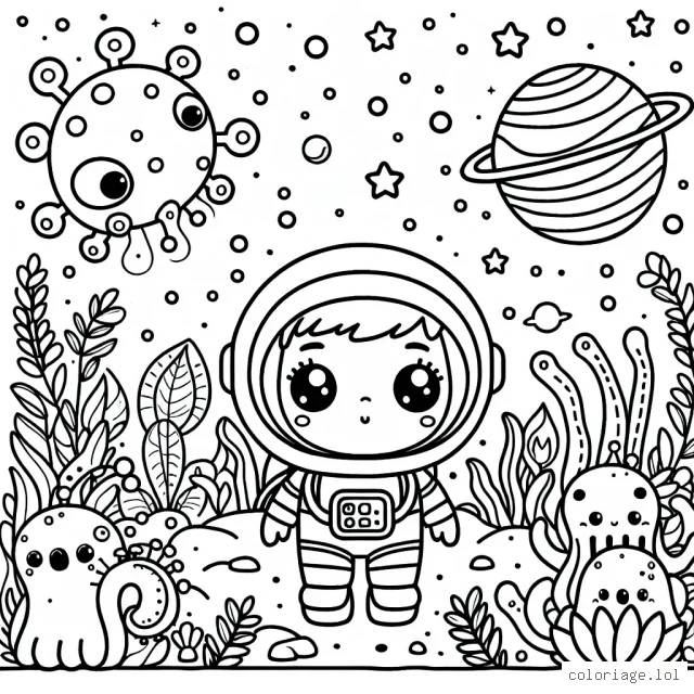 Un petit astronaute avec une combinaison spatiale explore une planète extraterrestre remplie de créatures et de plantes inconnues.