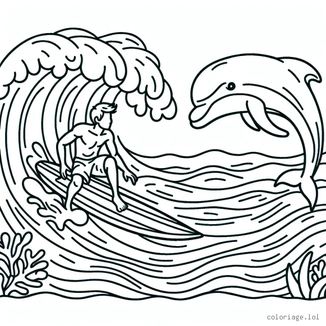 Dessine un surfeur chevauchant une vague gigantesque avec un dauphin qui saute à ses côtés.