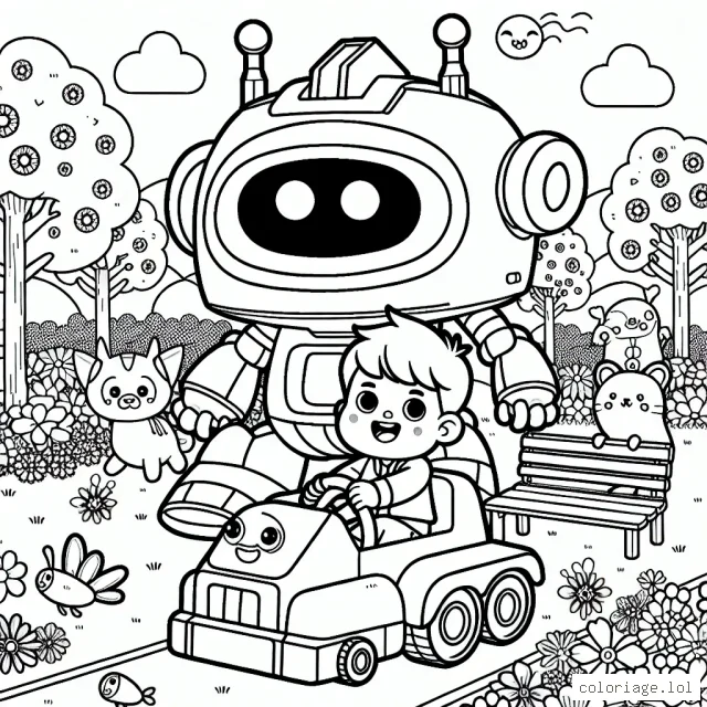 Un petit garçon pilote un robot géant dans un parc rempli de fleurs colorées et d'animaux souriants.