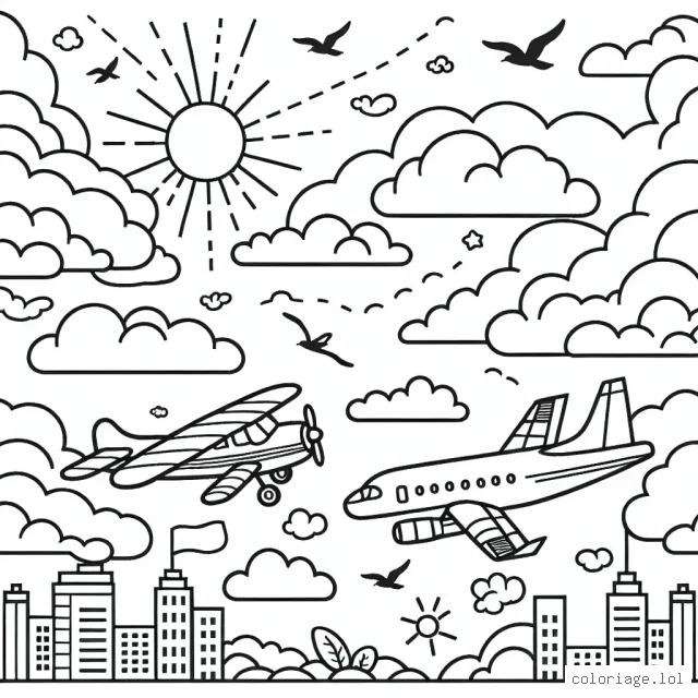 Dans ce coloriage, tu peux voir deux avions volant haut dans le ciel parmi les nuages. Il y a un petit avion à hélice et un grand avion à réaction. Il y a aussi du soleil dans le coin supérieur, des oiseaux volant et une ville en bas. Amuse-toi à décorer l'image avec tes couleurs préférées!