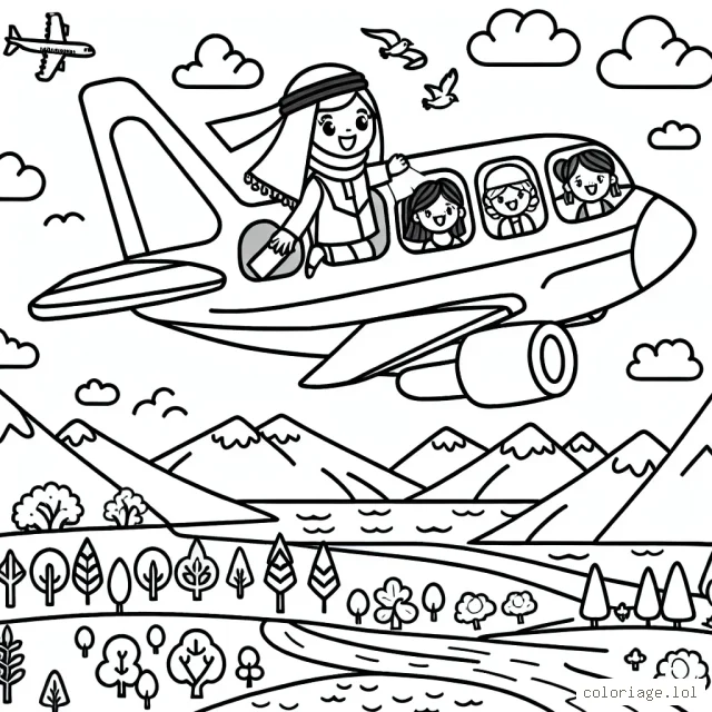 Imaginez un avion volant haut dans le ciel, traversant un paysage varié comprenant des montagnes, des rivières et des forêts. Il y a également des oiseaux qui volent à côté de l'avion. N'oubliez pas d'inclure le pilote et les passagers heureux à l'intérieur de l'avion.