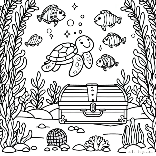 Une scène sous-marine détendante avec divers poissons, une tortue de mer amicale et un trésor brillant caché au milieu des algues colorées.