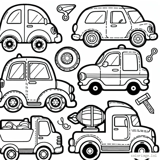 Un livre de coloriage présentant différentes marques de voitures.