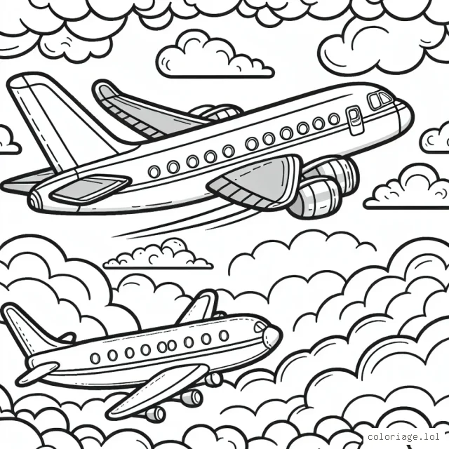 Dessin détaillé d'un avion en plein vol avec un ciel en arrière-plan fourni de nuages à colorier