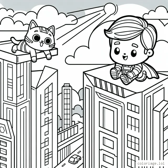 Un jeune super-héros est en train de sauver un mignon petit chaton coincé au sommet d'un bâtiment futuriste. C'est une scène de jour avec des nuages et le soleil en arrière-plan.
