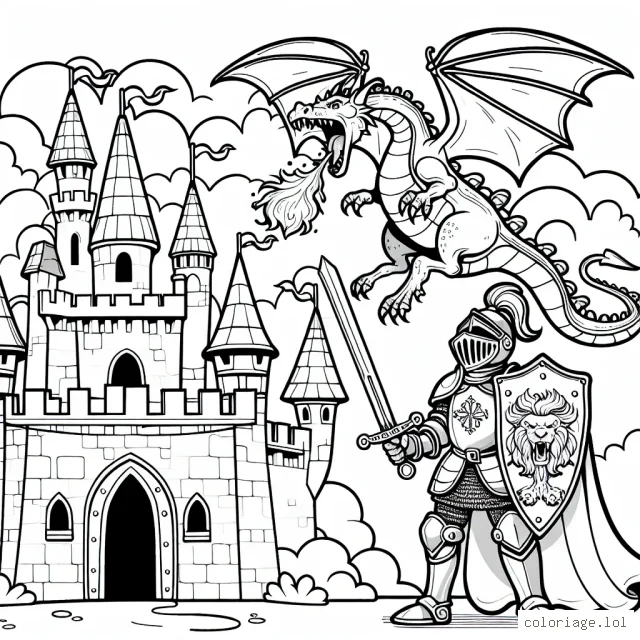 Votre petit garçon doit colorier un chevalier courageux qui se prépare à défendre son château contre un dragon féroce crachant du feu. Le chevalier est vêtu d'une armure étincelante, tenant un bouclier orné d'un lion rugissant et une épée tranchante. Le dragon est représenté s'élevant haut dans le ciel, prêt à plonger en direction du château. Le ciel autour du dragon est plein de nuages sombres, ajoutant une atmosphère dramatique à la scène.