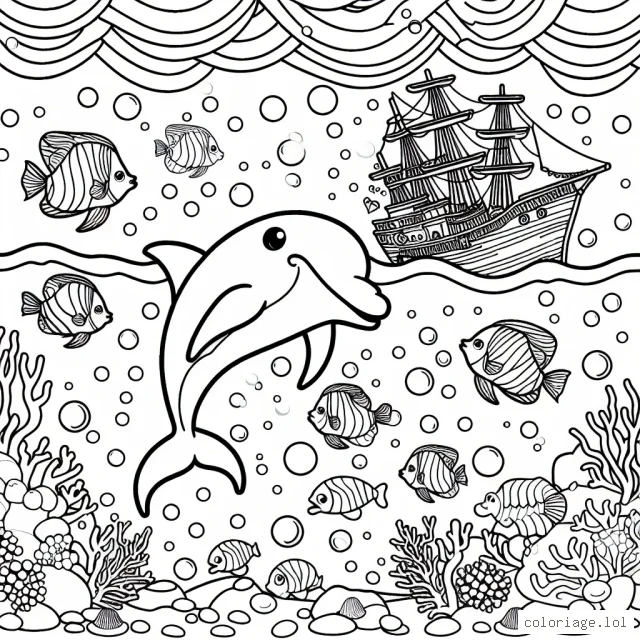 Un dauphin danse avec des poissons multicolores autour d'une épave de navire au fond de l'océan