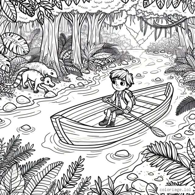 Un jeune explorateur courageux navigue seul sur une rivière en pleine jungle, entouré par une variété de plantes tropicales exotiques et de divers animaux curieux.