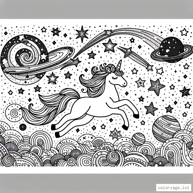 Un univers féérique peuplé de licornes dans la voie lactée, accompagnées par des étoiles filantes pailletées et des planètes colorées sur fond galactique.