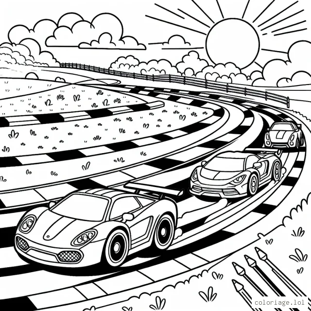 Imagine une scène de course de voitures animée sur une piste battue par le soleil. Tu pourras colorier les voitures avec de vives couleurs et la piste avec les nuances de ton choix.