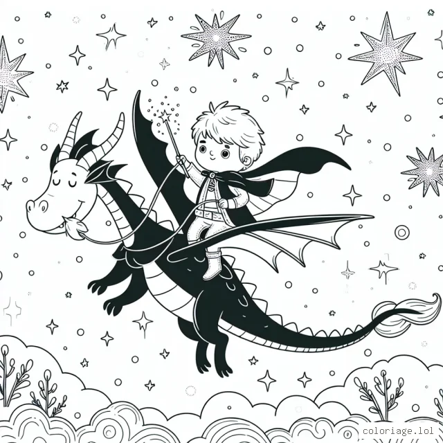 Un petit garçon volant sur le dos d'un dragon magique au milieu d'étoiles scintillantes.
