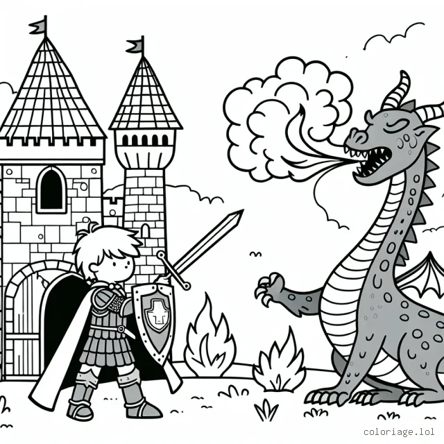Un chevalier courageux protège son château contre un dragon cracheur de feu