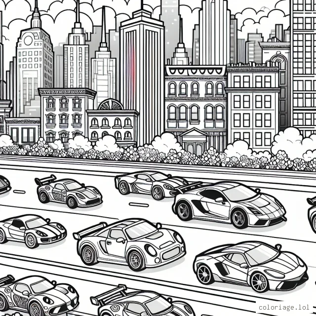 Dessiner une parade de voitures de sport dans une ville animée