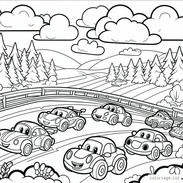 Une course animée avec différents types de voitures sur un circuit pittoresque.
