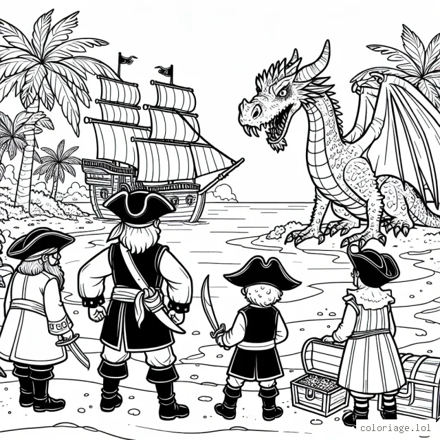 Une scène animée de pirates face à un dragon sur une île déserte