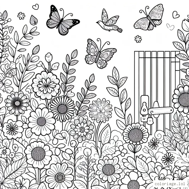 Un jardin secret composé de différentes variétés de fleurs, des papillons et des oiseaux colorés.