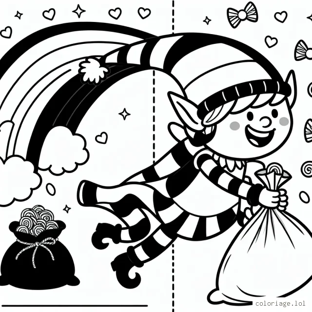 Un lutin malicieux sautant par-dessus un arc-en-ciel avec son sac plein de bonbons