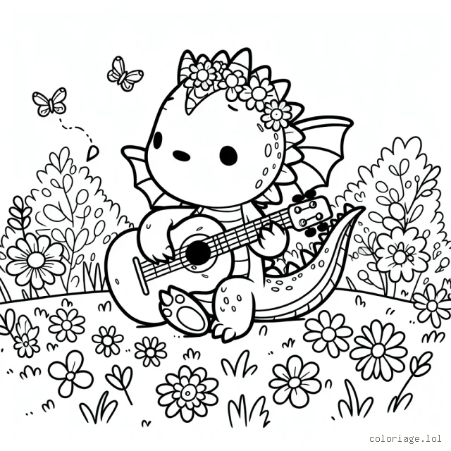 Un petit dragon jouant de la guitare dans un pré rempli de fleurs