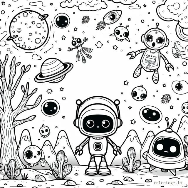 Un petit robot curieux explorant une planète étrangère pleine d'aliens amicaux et de vaisseaux spatiaux