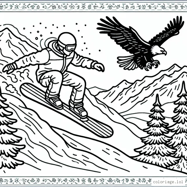 Dessinez un athlète faisant du snowboard extrême sur une montagne enneigée, avec des pins dans le décor et un aigle dans le ciel.