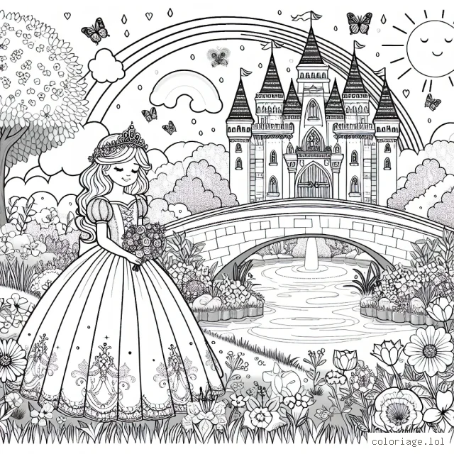 Sur une belle journée ensoleillée, aux couleurs vives, dessine une jeune princesse sereine dans une robe resplendissante se tenant debout sur le pont d’un château féerique. Le château est entouré d'un jardin magnifique plein de fleurs différentes, d’oiseaux, de papillons et d’une fontaine étincelante. Dans le ciel, imagine un grand arc-en-ciel. N'oublie pas de dessiner le prince charmant qui arrive à cheval pour retrouver sa princesse.