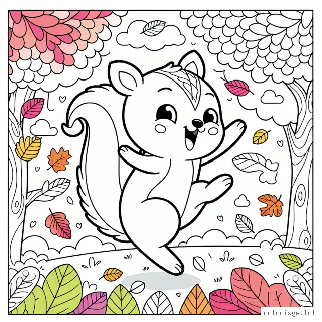 Un écureuil joyeux qui danse avec des feuilles d'automne dans une forêt pleine de couleurs
