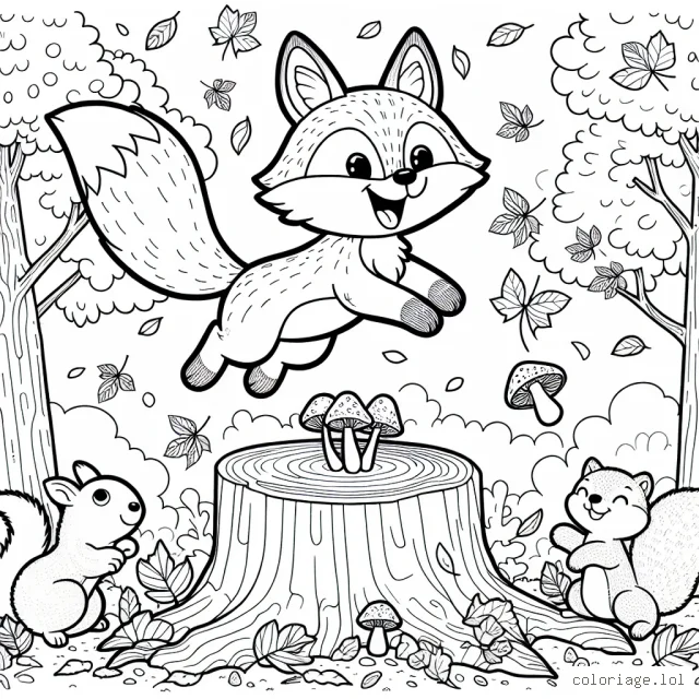 Un joyeux renard dans une forêt automnale, sautant par-dessus une souche d'arbre couverte de champignons avec des écureuils à proximité et des feuilles d'automne qui tombent du ciel.