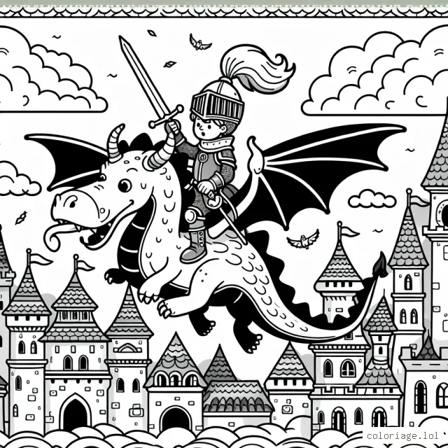 Un jeune chevalier courageux chevauchant un dragon féerique au-dessus d'un château médiéval effervescent d'activité.