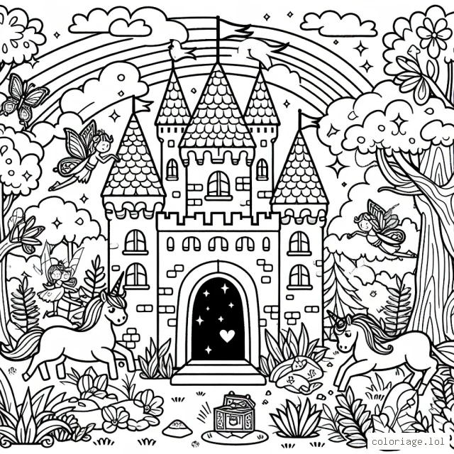 Dessine un grand château dans une forêt enchantée, entouré de fées et de licornes. Il y a aussi un trésor scintillant caché sous un arc-en-ciel.
