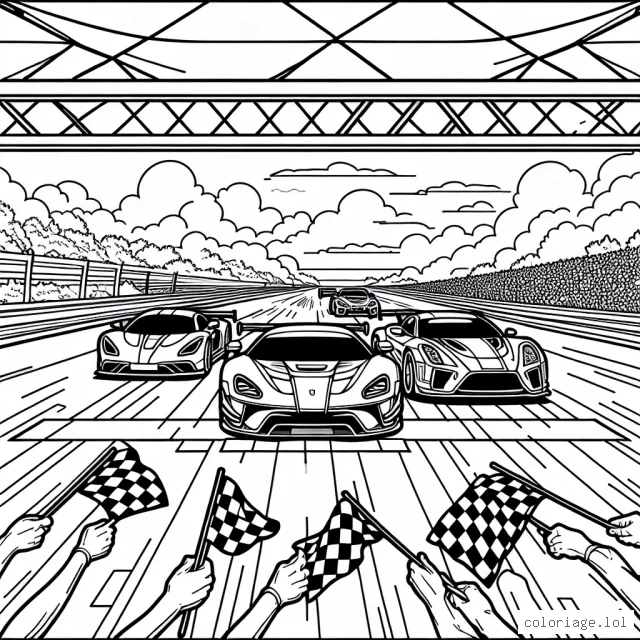 Commencez votre aventure artisitique avec cette ligne dessinée représentant une course animée de voitures de sport franchissant la ligne d'arrivée. Serez-vous capable de donner vie à cette scène passionnante ?