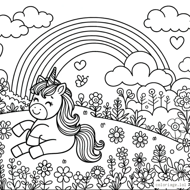 Un paysage enchanteur avec des licornes jouant dans un pré fleuri près d'un arc-en-ciel