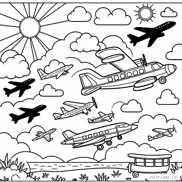 Coloriez une scène avec plusieurs types d'avions volant dans le ciel lors d'un beau jour ensoleillé