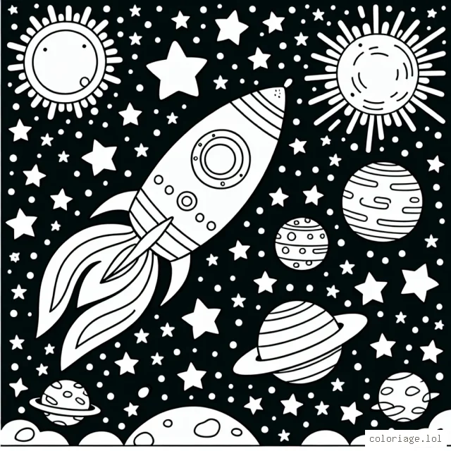 Une petite fusée zigzague joyeusement à travers un champ d'étoiles dans l'espace. Des planètes aux couleurs vives ainsi qu'une lumière douce émanant d'un lointain soleil doré complètent ce paysage spatial féerique.