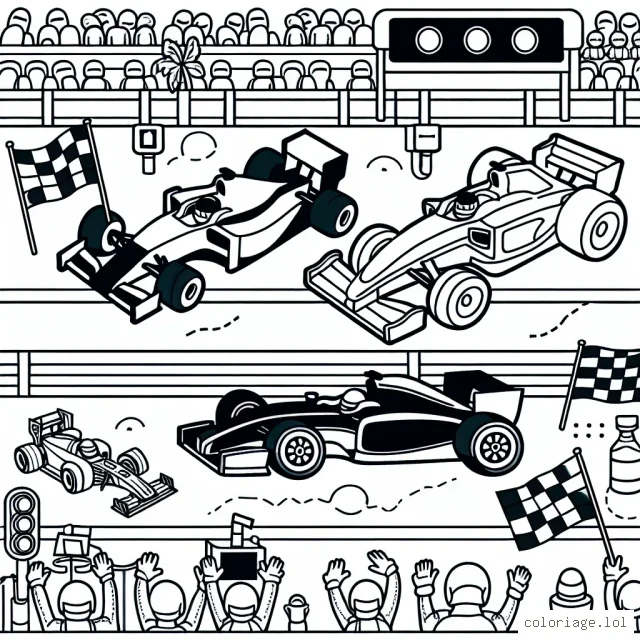 Un circuit animé de voitures de course à colorier, avec deux voitures principalement : une formule 1 et une voiture de rallye. Des éléments typiques du circuit sont aussi à colorier : les stands, la ligne d'arrivée, le public.