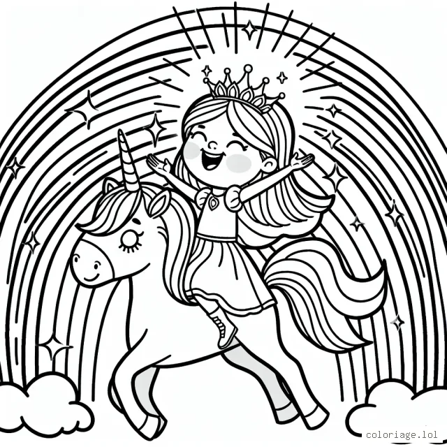 Une princesse joyeuse rayonnante d'énergie sur sa licorne magique sous un arc-en-ciel vibrant