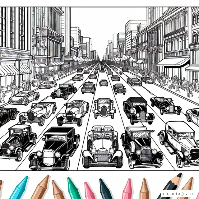 Chacune des voitures les plus emblématiques de différentes marques sont alignées dans une rue animée, prêtes à être coloriées.