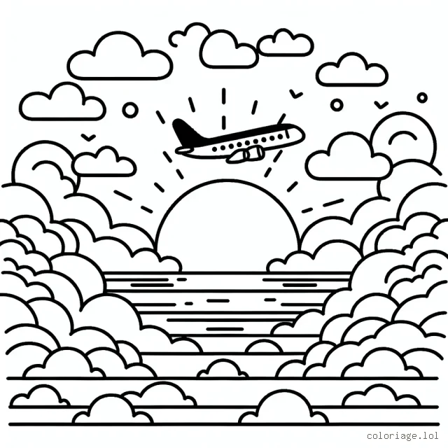 Un avion voyageant à travers les nuages avec un soleil couchant en arrière-plan