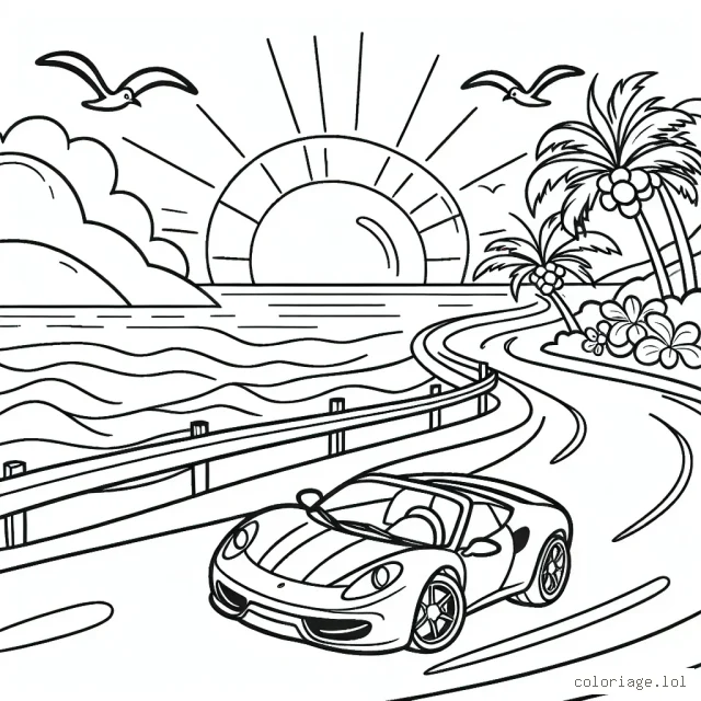 Dessine une voiture de sport rouge vif, zippant joyeusement à travers une route sinueuse en bord de mer à un brillant lever du soleil. Pense à ajouter des montagnes en arrière-plan, des palmiers sur le côté de la route et des mouettes survolant la mer.