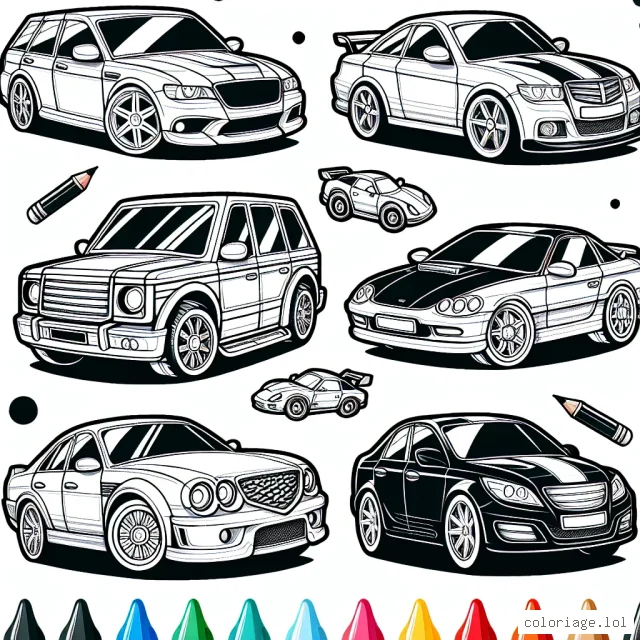 Des voitures de différentes marques seront représentées : une Ferrari rouge fougueuse, une BMW bleue audacieuse, une Mercedes noire élégante, une Audi blanche brillante, une Porsche jaune rayonnante et une Mustang verte fortifiante. Chacune de ces voitures a un style et une histoire unique. Utilise tes meilleurs crayons pour leur donner vie !