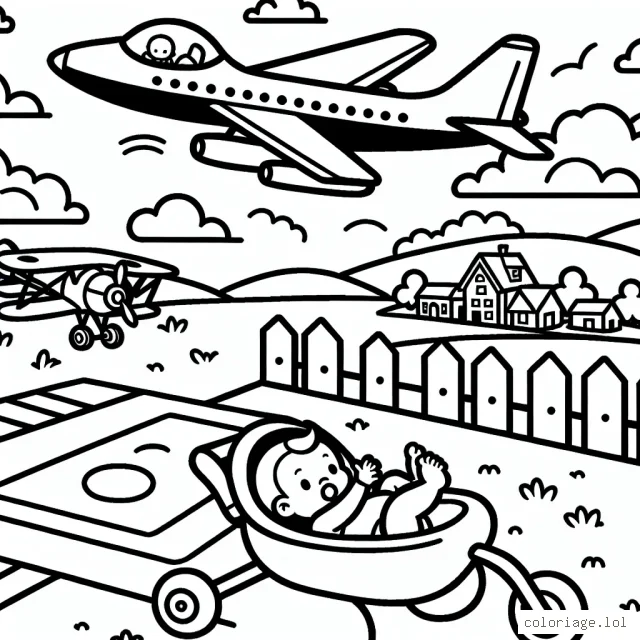 Dessine un avion de chasse survolant la campagne, un biplan pratiquant la voltige aérienne et un gros avion de ligne atterrissant.