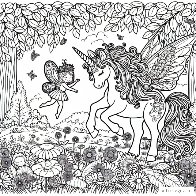 Dans un monde merveilleux de fées et de licornes, une petite fée virevolte autour d'une magnifique licorne multicolore. La prairie automnale autour d'elle jaillit de toutes les couleurs. Les enfants sont invités à peindre cette belle scène.