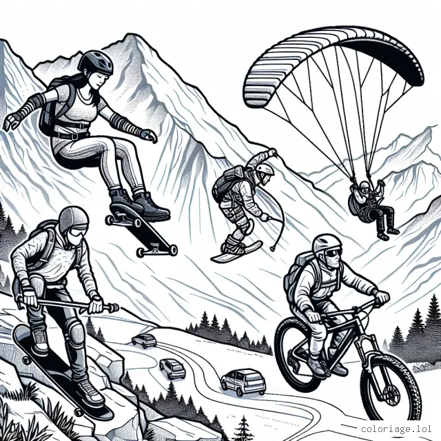 Des athlètes courageux pratiquent divers sports extrêmes dans un paysage de montagne accidenté. On voit un skateur dévaler une pente raide, une parapentiste naviguer dans les cieux, un grimpeur s'accrocher à une falaise rocheuse et un cycliste de montagne faire une descente impressionnante sur un sentier sinueux.