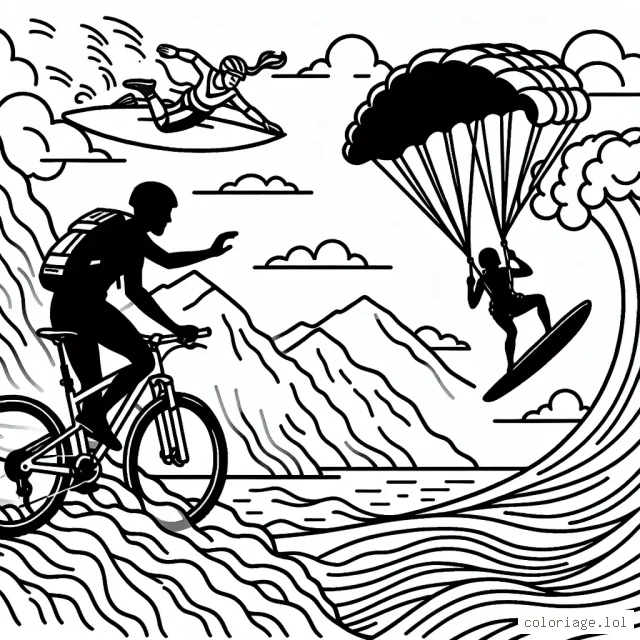 Dessine un vététiste descendant une montagne escarpée, un surfeur prenant une vague géante et un sauteur en parachute qui atterrit près de toi.