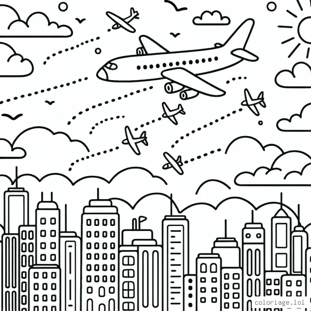 Un avion survolant la ville céleste, avec d'autres petits avions et oiseaux dans le ciel clair.