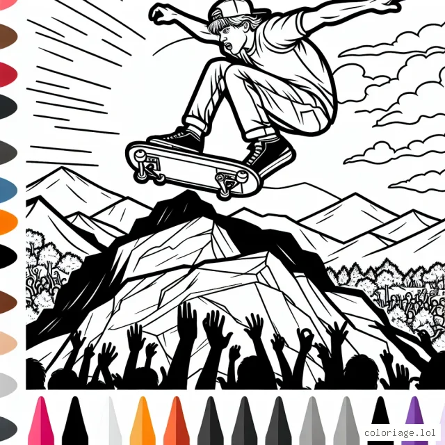 Un planchiste performant un saut périlleux en haut d'une montagne rocailleuse, avec un coucher de soleil spectaculaire en arrière-plan et une foule en délire au pied de la montagne.