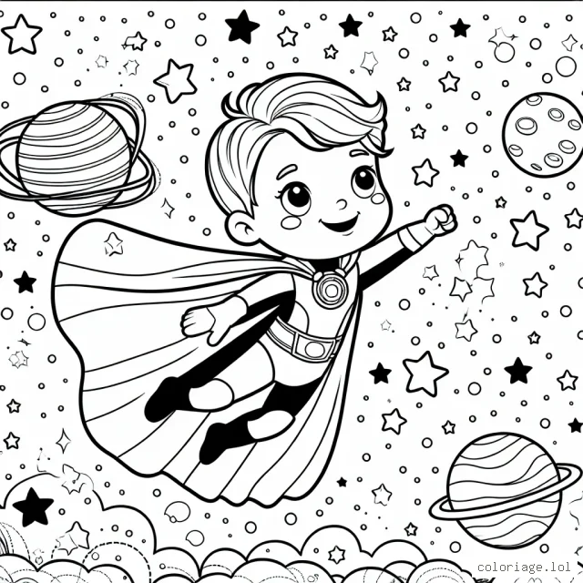 Un petit garçon avec son costume de super-héros préféré et décollant dans le ciel avec sa fantastique cape flottante, tout en observant les étoiles et les belles planètes autour de lui.