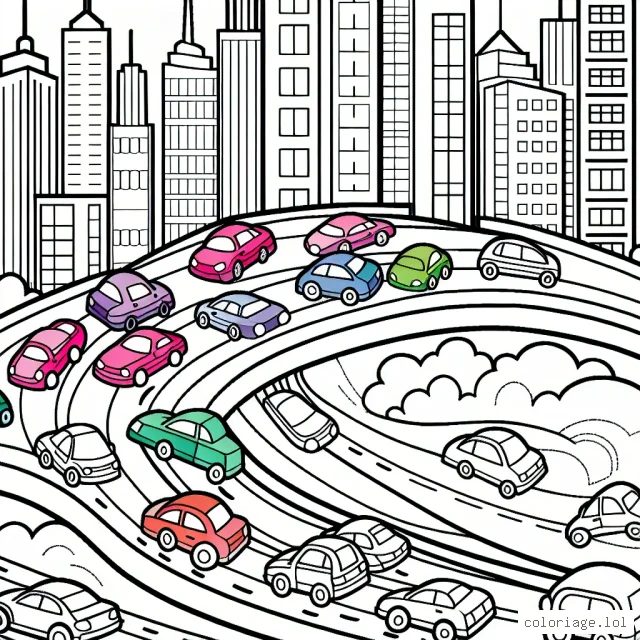 Dessine une course folle de voitures multicolores sur une route sinueuse traversant la ville avec des immeubles au fond.
